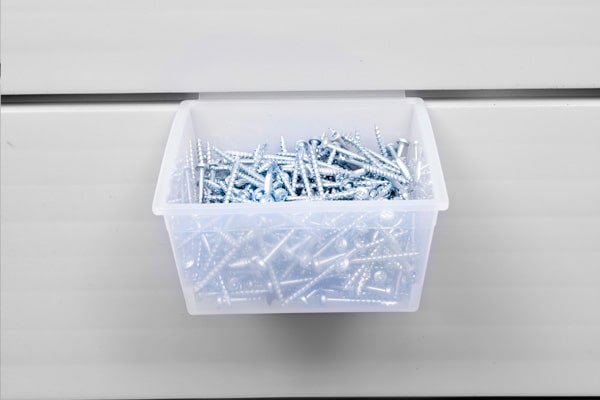 Small Plastic Bin. CWBS. Provides an easy to access option for those little things that tend to wonder off. Keep track of your screws, nails, nuts, bolts, and other small supplies.