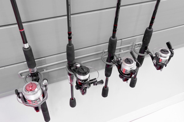 Fishing Rack (2-Piece Set). FISHRK. Uniquely designed to maintain upright position of fishing rods. Keep your fishing rods easily accessible and free of tangles, while the rubberized coating prevents scratches or damage. The two peice design ensures your equipment is secure. Accommodates up to 4 fishing rods.