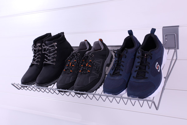 Shoe Rack 30" x 13.5". WSSHOE. 30 Degree angled slope prominently displays stored goods like helmets, hats, books and shoes. The vented design allows drip drying of wet or muddy footwear for ultimate shoe storage. This shelf can fit up to 3 pairs of shoes or boots.